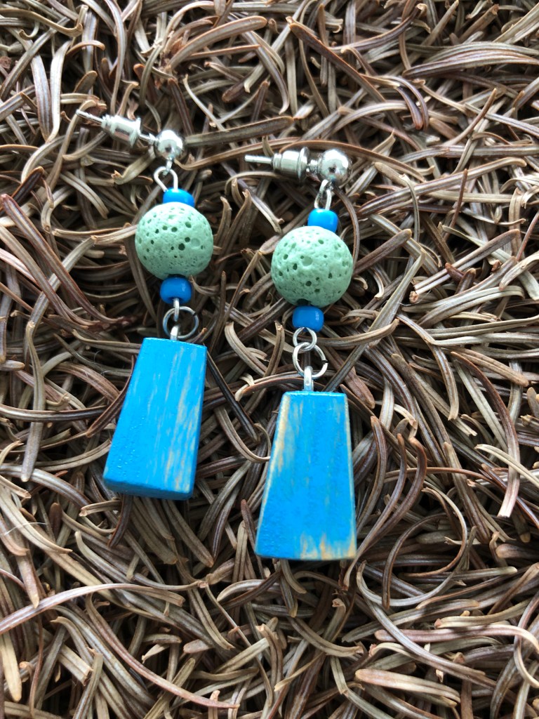 Wood earrings, upcycled wood, lava stone, distressed wood